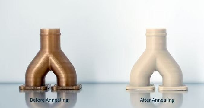 Before-and-after comparison of a 3D-printed PEEK pipe fitting before and after post-crystallization heat treatment