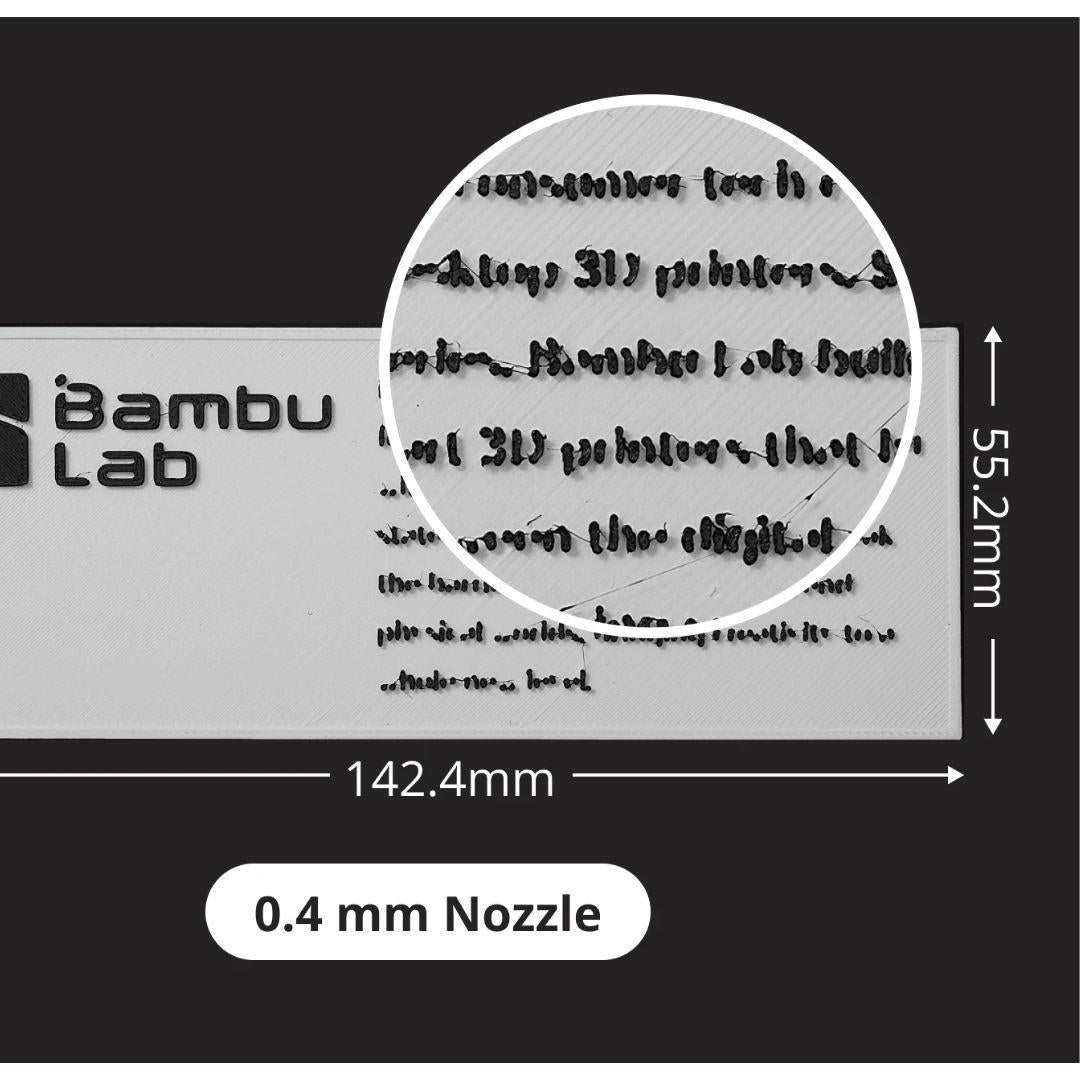 Bambu Nozzle 0.4 mm text print sample showing partial letter detail loss compared with 0.2 mm