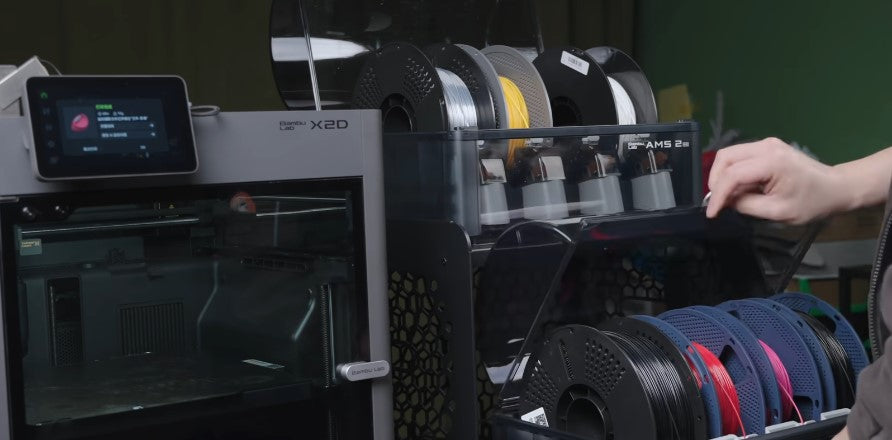 Two AMS units connected to one printer through the Bambu Lab Filament Track Switch