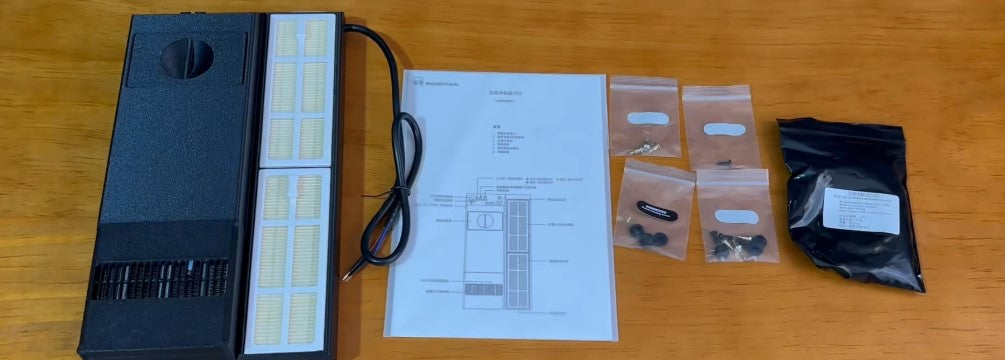 Exploded kit layout showing the MartilloTech M2 chamber heater for Bambu Lab P2S, instruction manual, activated carbon, silicone gaskets, screws, wiring parts, and included accessories.
