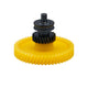 Flat dimensional photo highlighting the helical (angled) teeth of the hardened steel gear.