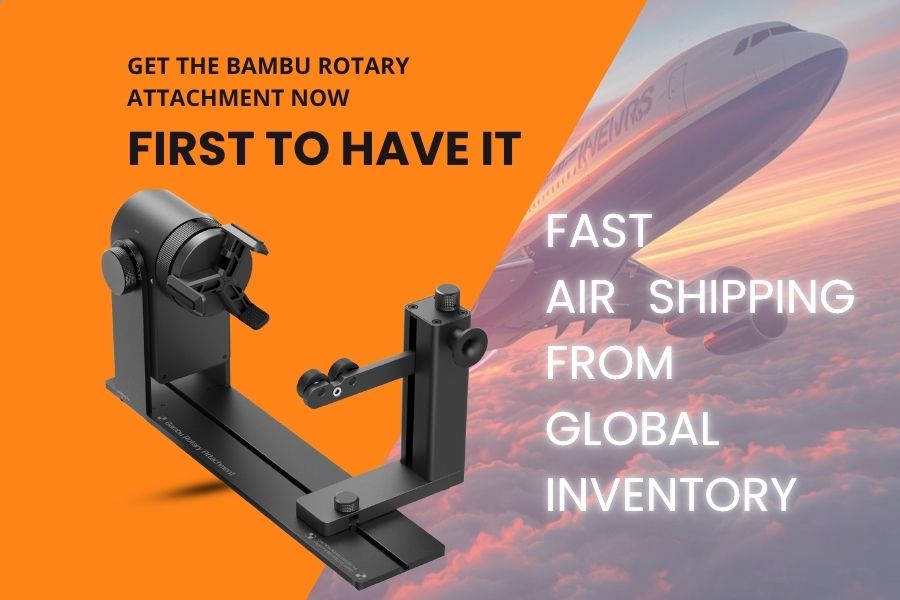 Airplane shipping graphic with Bambu Rotary Attachment for H2D/H2S laser engraving — first to have it, early-access delivery