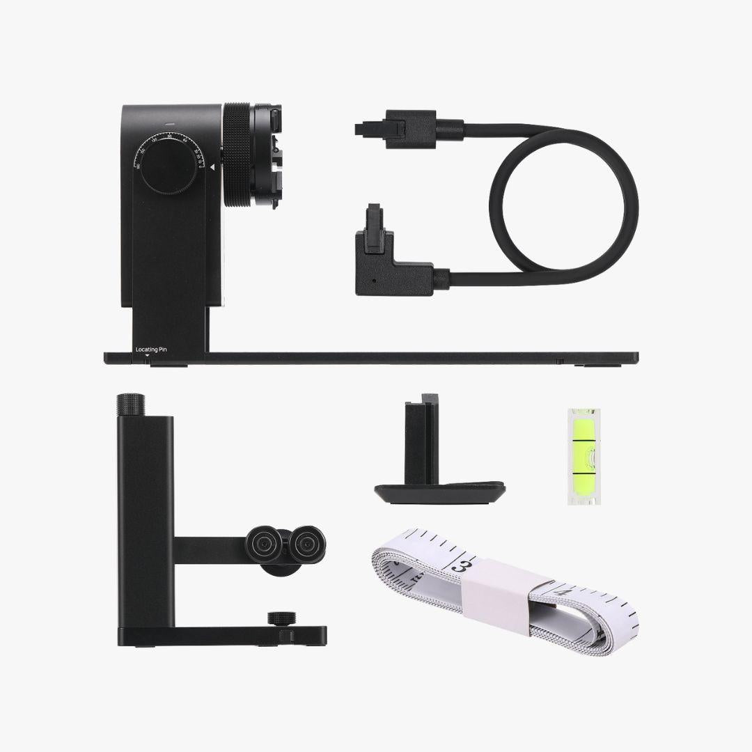 Bambu Lab Rotary Attachment package contents: rotary attachment, support module, claws, tape measure, spirit level, and 4‑pin Bambu Bus cable — Bambu Rotary Attachment for H2D/H2S