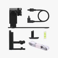 Bambu Lab Rotary Attachment package contents: rotary attachment, support module, claws, tape measure, spirit level, and 4‑pin Bambu Bus cable — Bambu Rotary Attachment for H2D/H2S