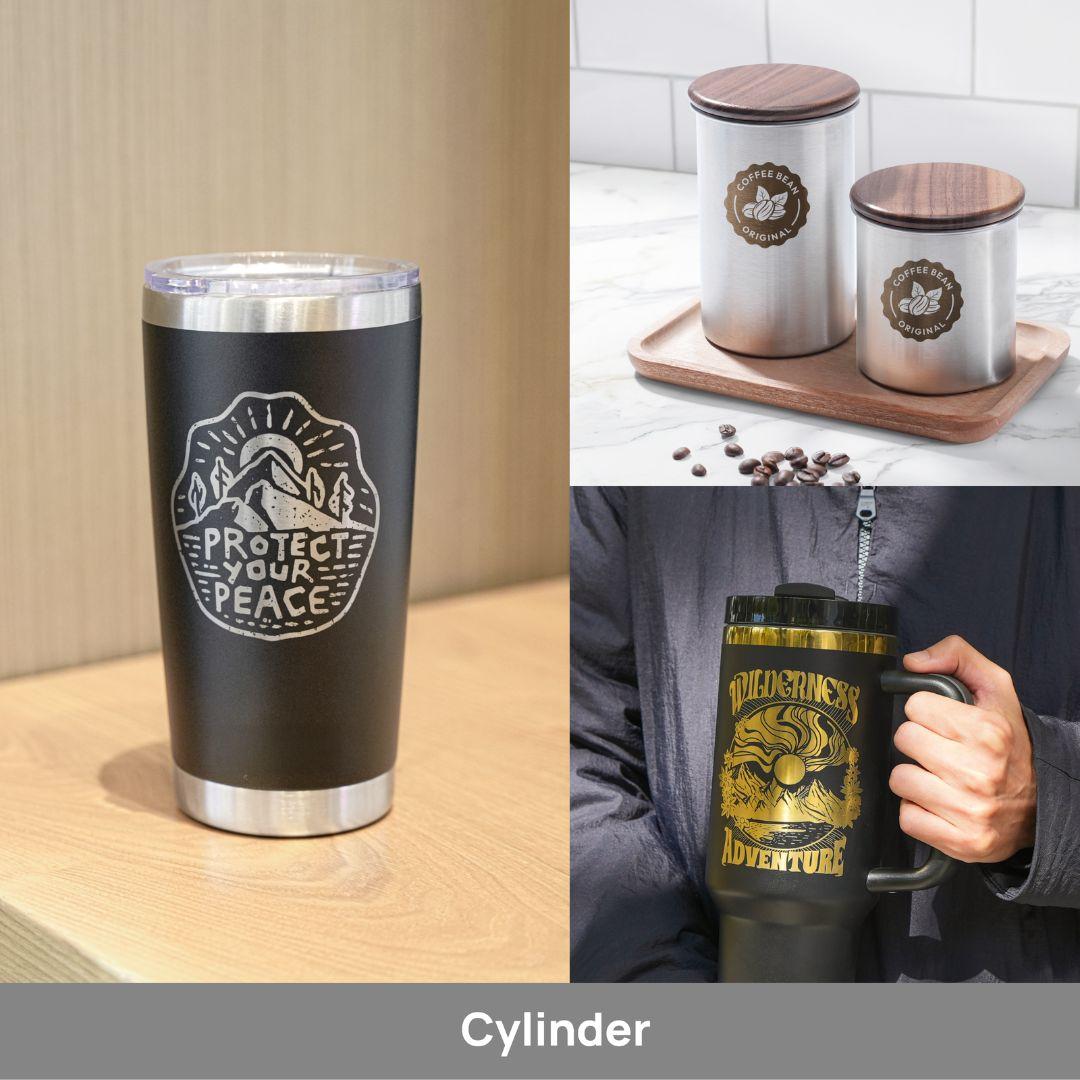 Cylinder mode result engraved on a tumbler using Bambu Rotary Attachment — precise rotary engraving on a cylindrical cup with H2D rotary attachment