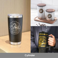 Cylinder mode result engraved on a tumbler using Bambu Rotary Attachment — precise rotary engraving on a cylindrical cup with H2D rotary attachment