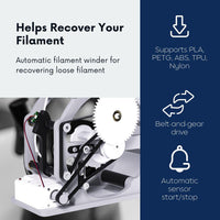  Close-up of the electric filament spool winder highlighting the main features, including the drive mechanism, spool support, and tension control.