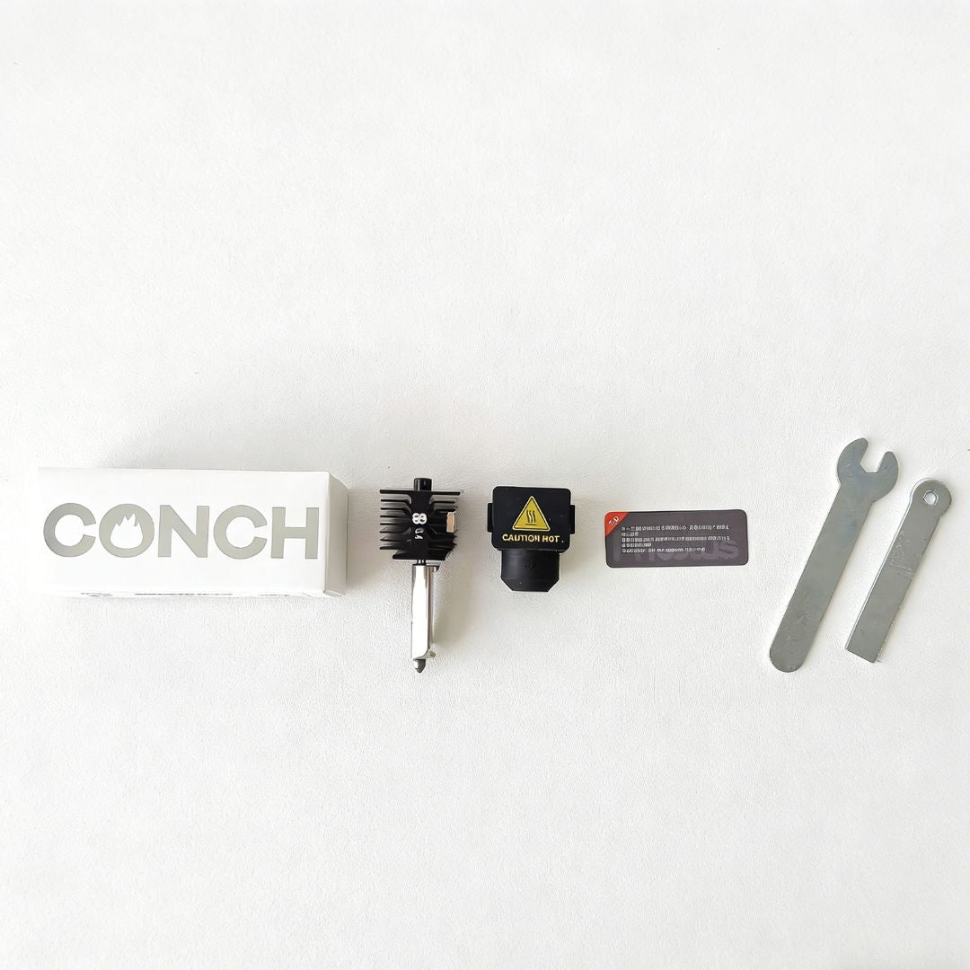 Phaetus Conch M4 Hotend packaging contents: hotend assembly, silicone sock, instruction card, H7 open-end wrench, H3 Allen wrench