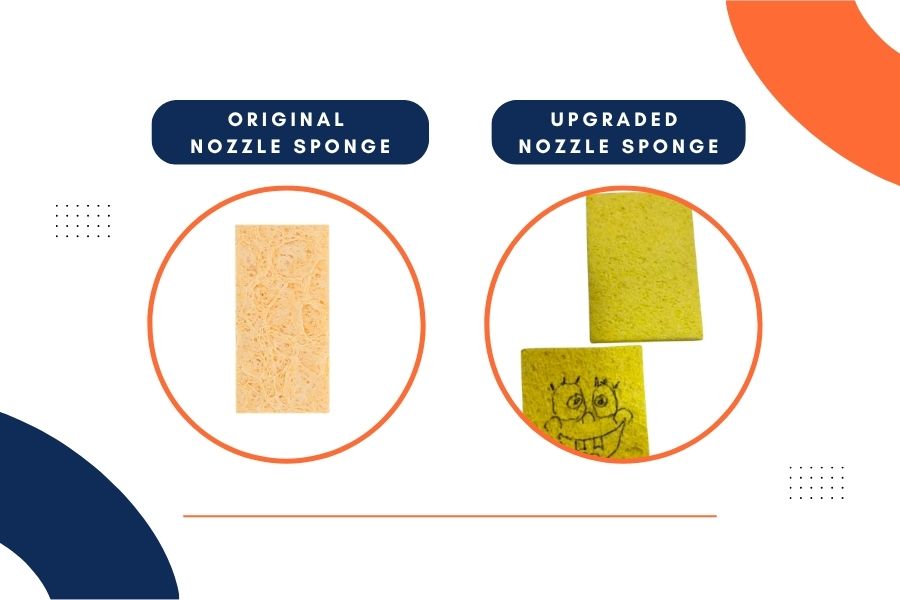 Comparison graphic: Bambu Lab nozzle cleaning sponge vs. our sulfur-free nozzle cleaning sponge, with a SpongeBob-style sponge illustration