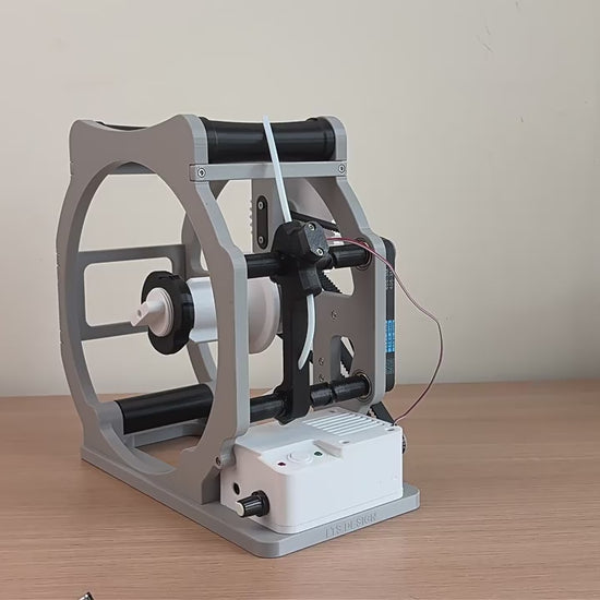  How-to-use video demonstrating how to set up the electric filament spool winder and respool filament from a large spool to a smaller spool.
